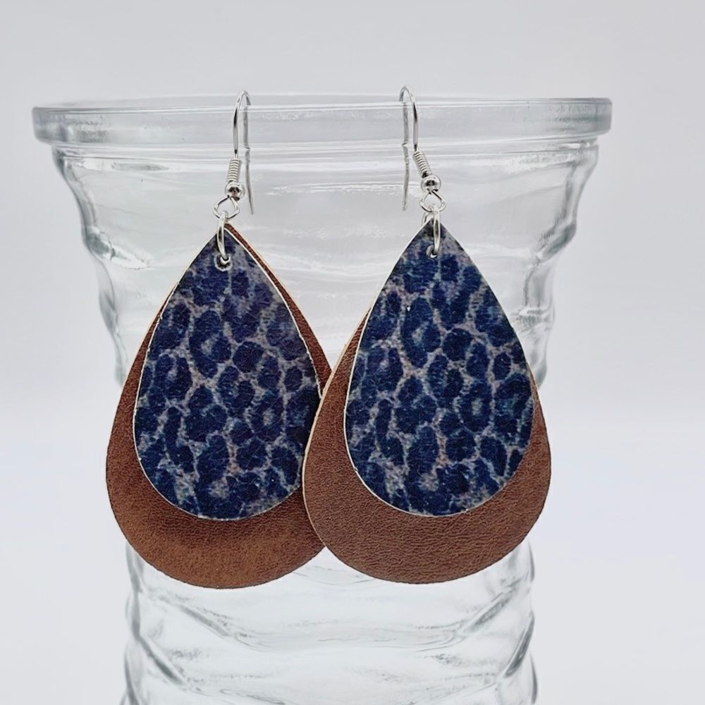 Blue leopard Print and Brown Leather Teardrop Earrings